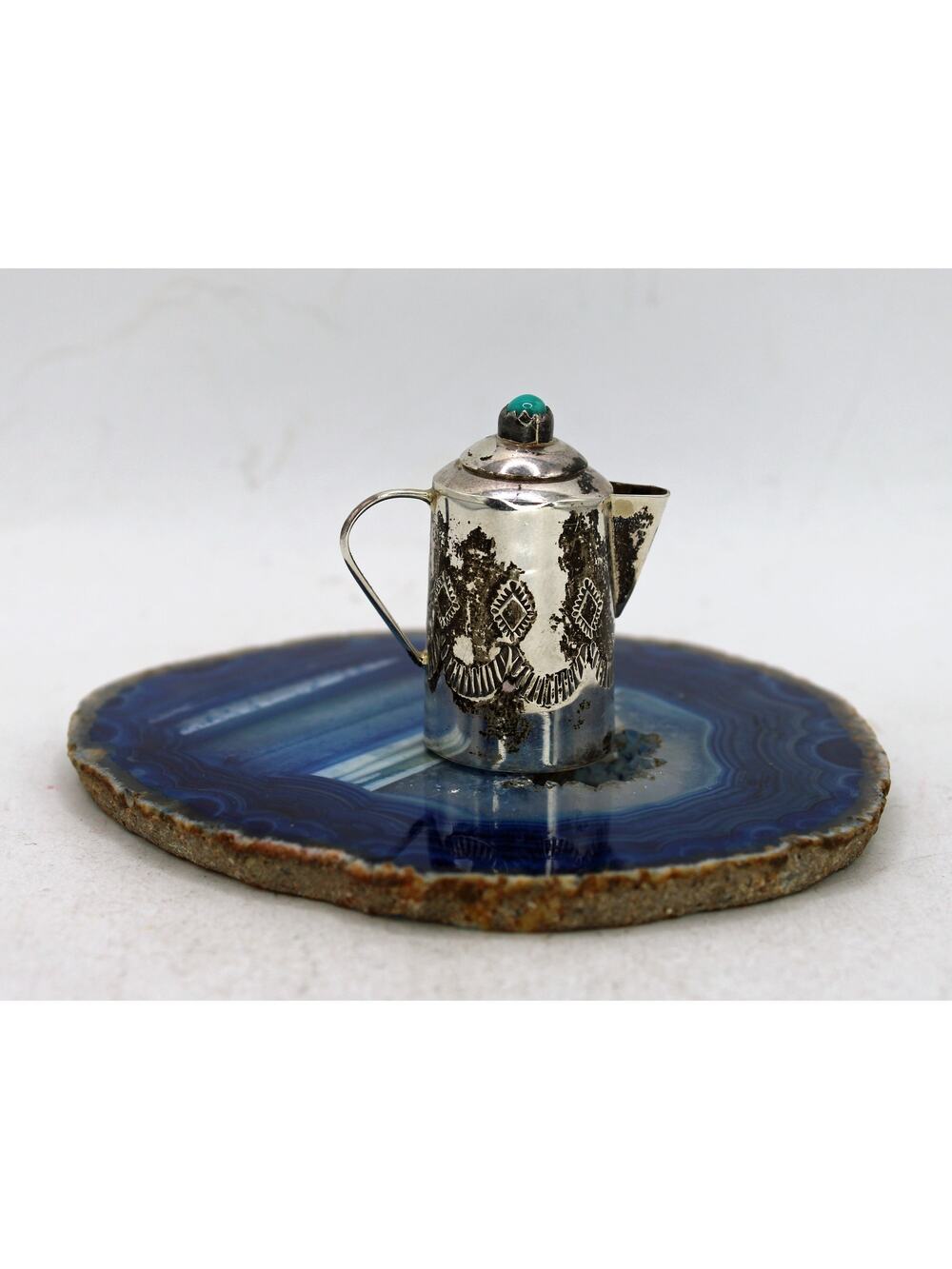 E.M.W. Signed Sterling Silver Chrysocolla Cabochon Toy Tea Pot